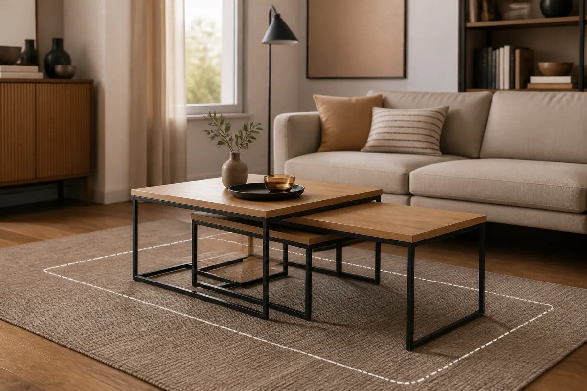 Ensemble de tables gigognes partiellement déployées sur un tapis, montrant empreinte rangée et empreinte déployée