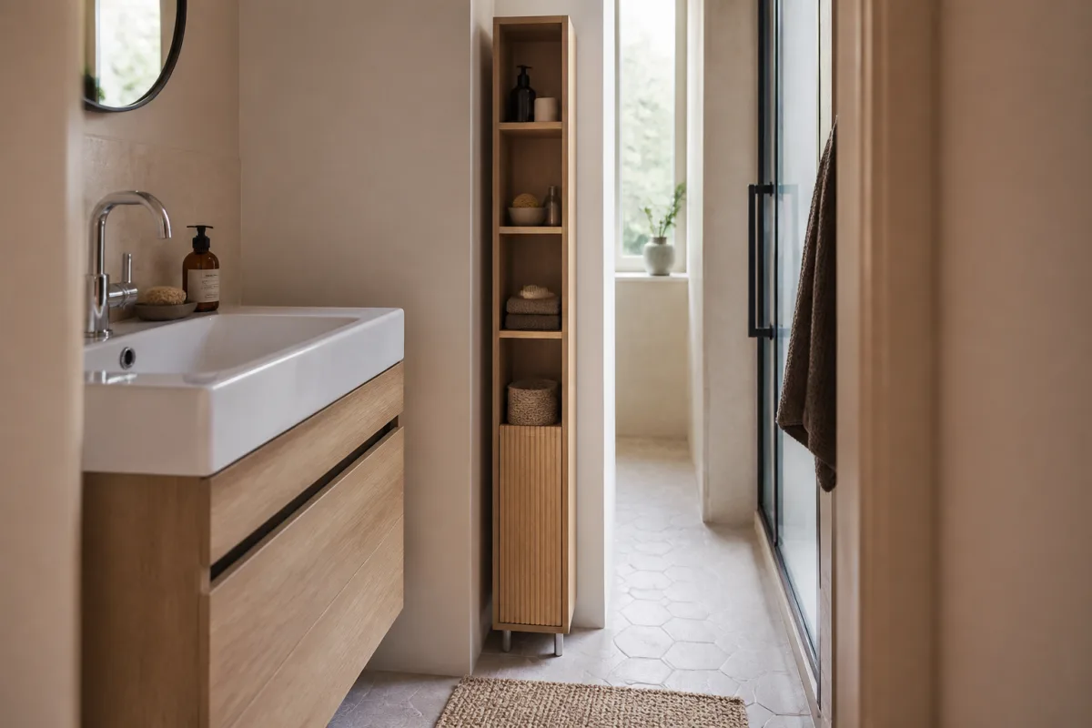 Tour de rangement fine (12–20 cm) installée à côté d'un lavabo dans une salle de bain étroite, montrant le passage libre