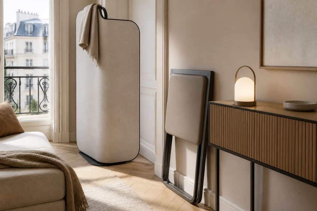 Coin d'appartement parisien montrant un micro-meuble plié contre un mur, une cloison souple autoportante et une lampe rechargeable posée sur une fine-