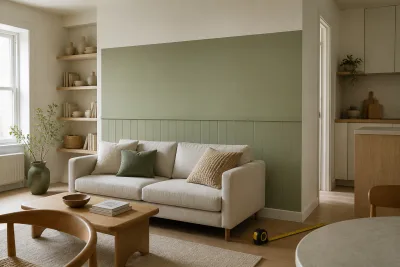 Coin salon d'un petit appartement avec un pan vert doux de 2 m encadré par murs blancs nuancés et un mètre ruban posé au sol