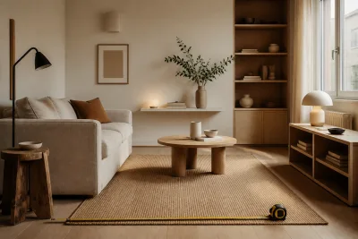 Petit séjour minimaliste aux tons chauds montrant un ruban à mesurer posé au sol pour vérifier l'espace autour d'un tapis et d'un canapé