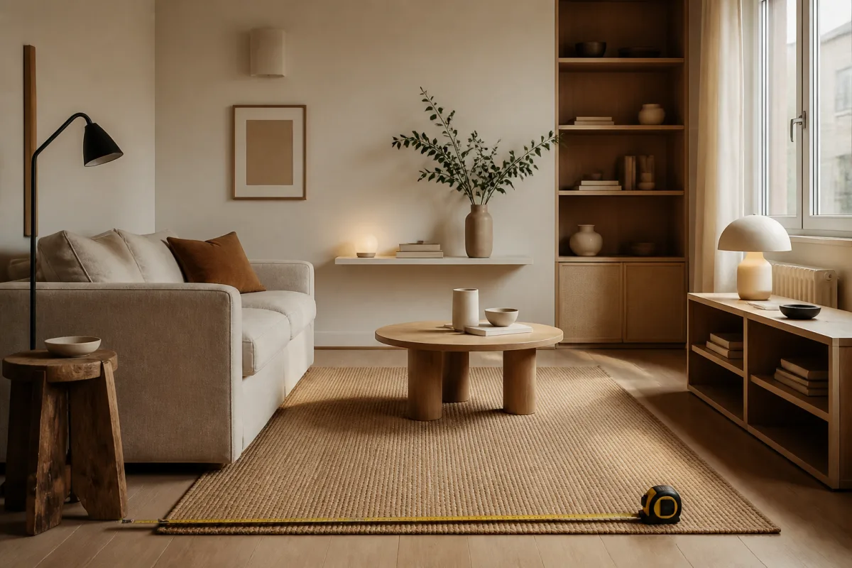 Petit séjour minimaliste aux tons chauds montrant un ruban à mesurer posé au sol pour vérifier l'espace autour d'un tapis et d'un canapé