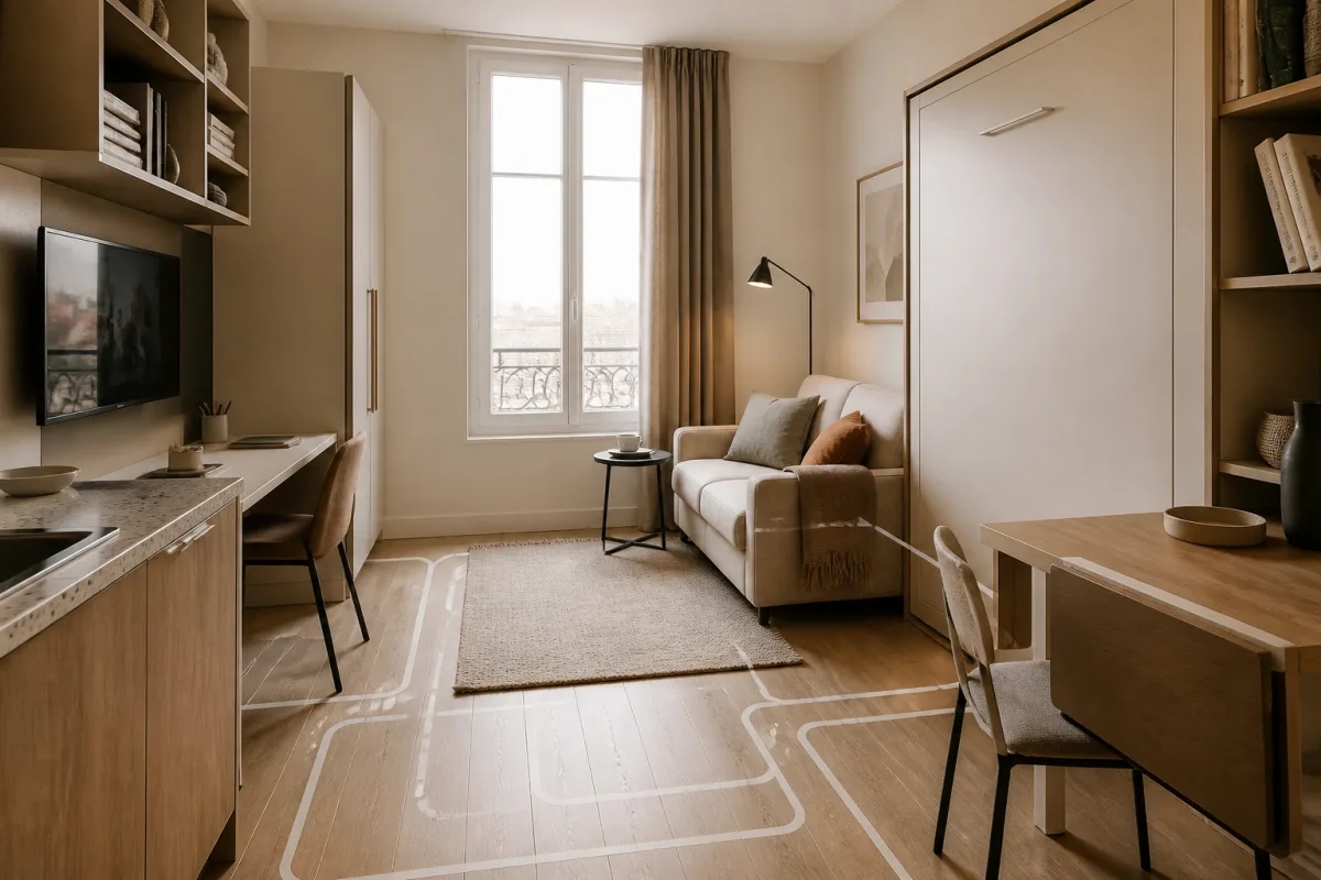 Studio de 10 m² avec délimitations au sol en ruban adhésif et lit escamotable fermé contre le mur