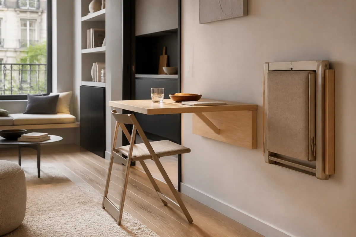 Coin séjour compact avec table murale pliante repliée et chaise rangée, lumière naturelle douce