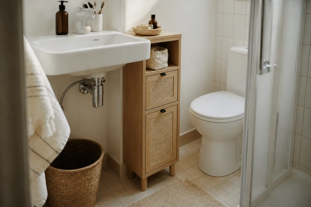 Chevet étroit posé dans une petite salle de bain montrant l'emprise au sol et le dégagement devant le lavabo