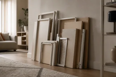 Modules et panneaux de meuble démonté empilés et mesurés au sol dans un coin de petit appartement