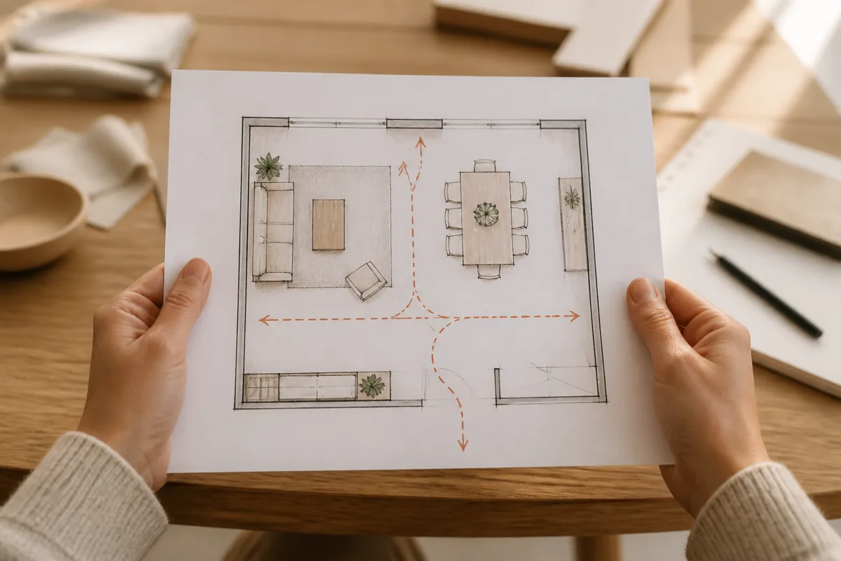 Plan papier d’un séjour avec annotations de mesures et un couloir de circulation 80-90 cm