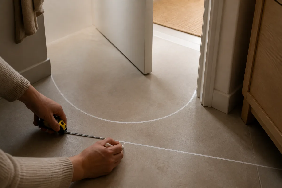 Personne non identifiable mesurant l’arc d’ouverture d’une porte et marquant une bande de 80 cm au sol