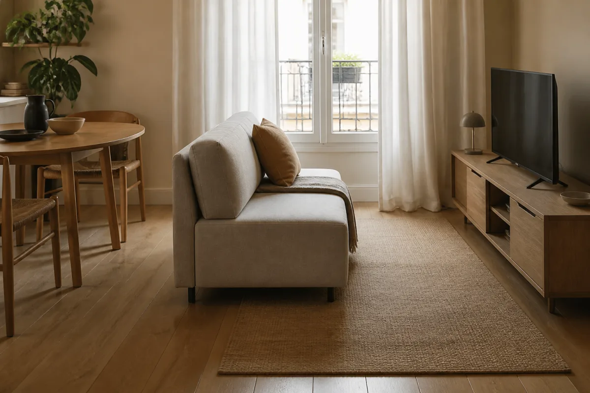 Canapé peu profond avec allée dégagée de 90 cm devant et meuble TV bas