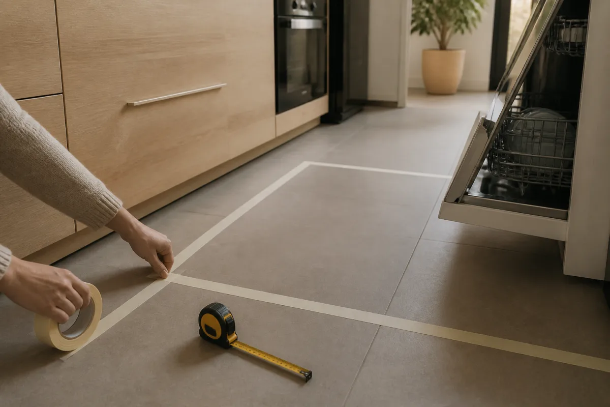Ruban de masquage tracé au sol indiquant 90 cm de passage dans une petite cuisine, mètre à côté