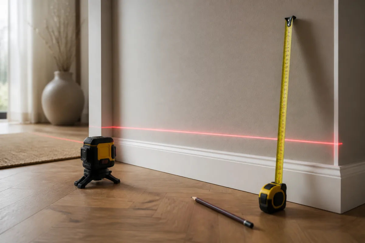 Laser level marking socle line and tape measure near a wall plinth