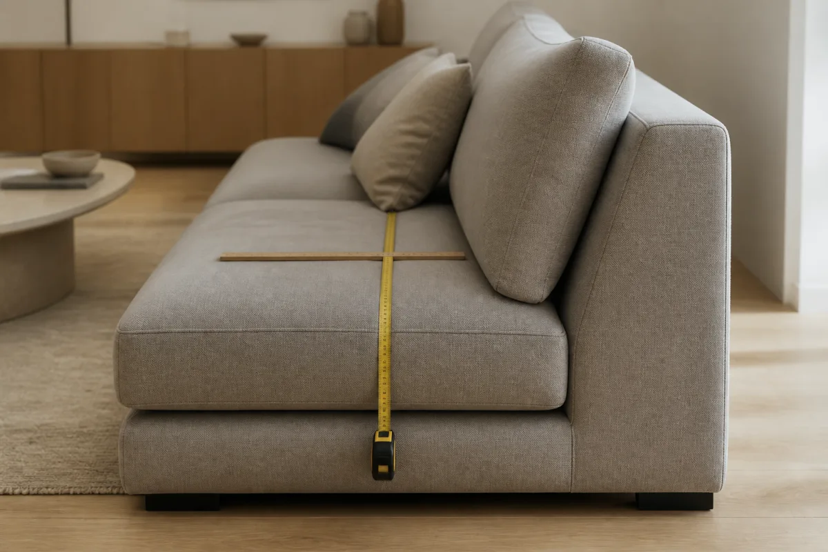 Vue latérale d’un canapé modulaire avec mètre pour mesurer profondeur et assise