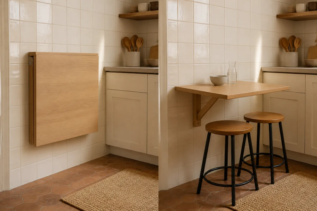 Table abattante murale repliée puis déployée dans une petite cuisine