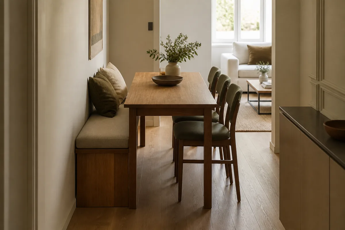 Table rectangulaire compacte adossée au mur avec un banc côté mur et chaises côté passage