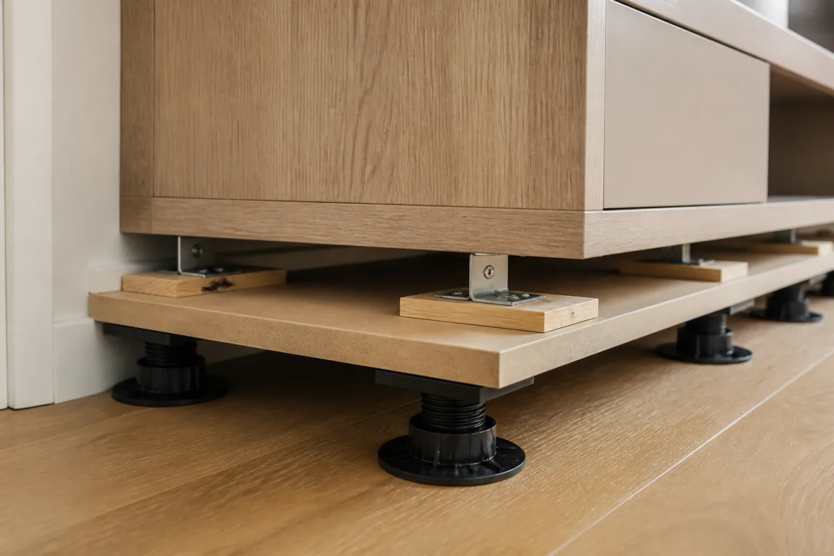 Adjustable pedestal plots under a cabinet base showing level and spacing