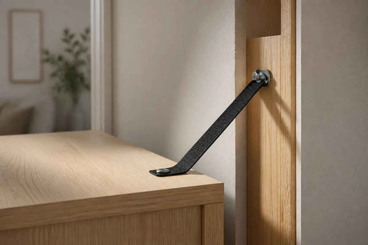 Anti-tip strap attached to wall stud beside a lightweight plasterboard wall