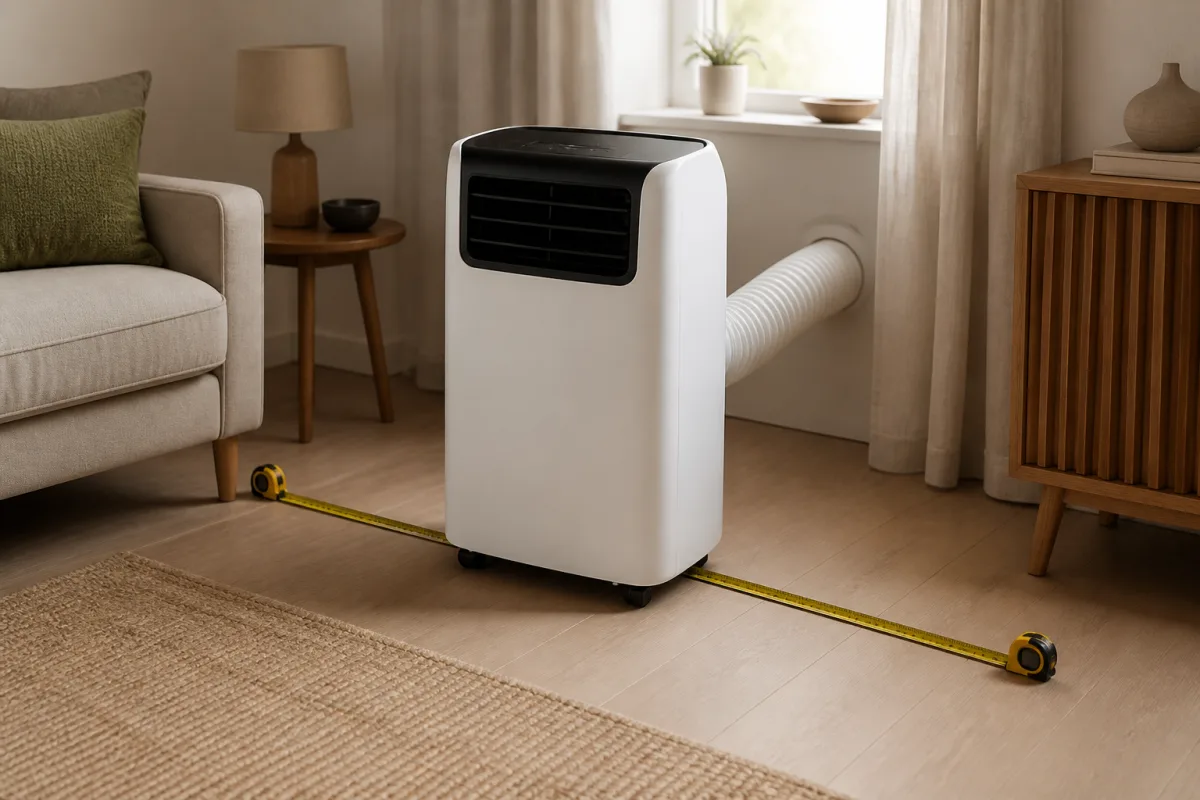 Climatiseur mobile avec ruban à mesurer indiquant dégagements arrière et avant
