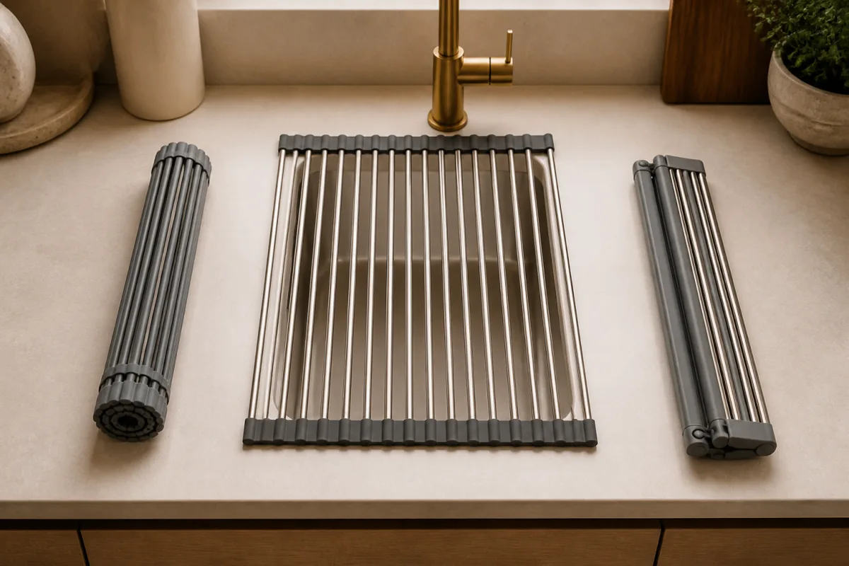 Tapis d’égouttage roulé, grille extensible déployée, égouttoir rabattable replié alignés sur un plan de travail