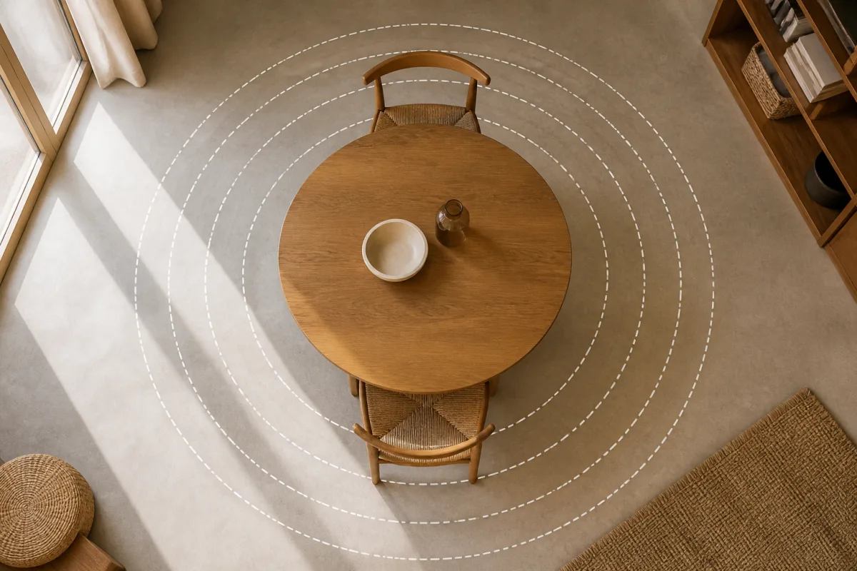 Gabarits circulaires au sol indiquant diamètres 90 100 110 120 cm autour d’une table