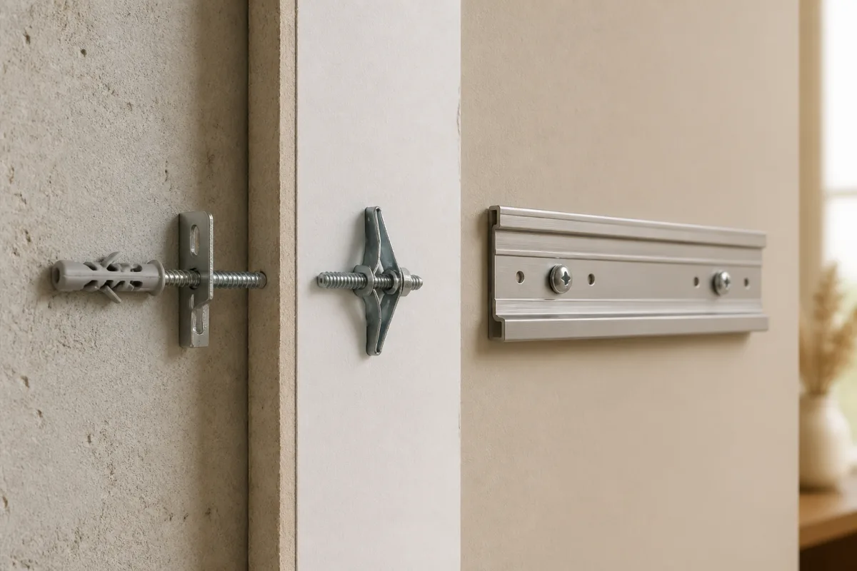 Trois systèmes de fixation pour miroir : cheville maçonnerie, cheville métallique pour plaque de plâtre et rail de rétic