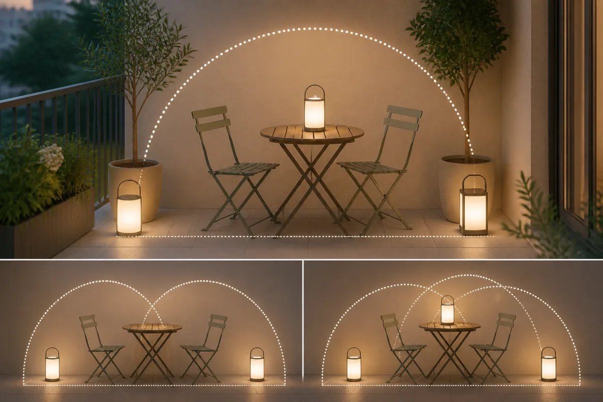 Schéma de répartition de 200-500 lm sur 2-4 m² avec exemples 2×150 lm ou 3×80-120 lm