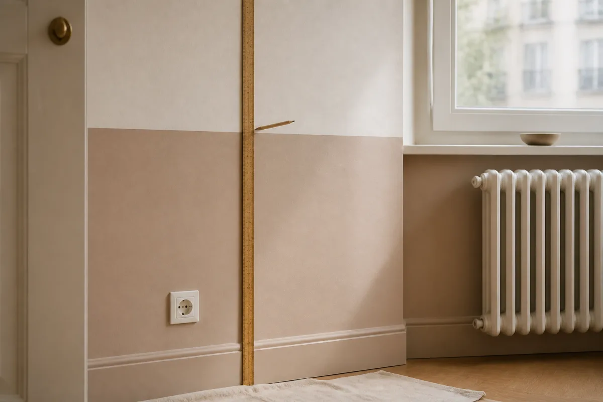 Règle graduée et repère crayon sur un mur indiquant 85-93 cm pour un soubassement