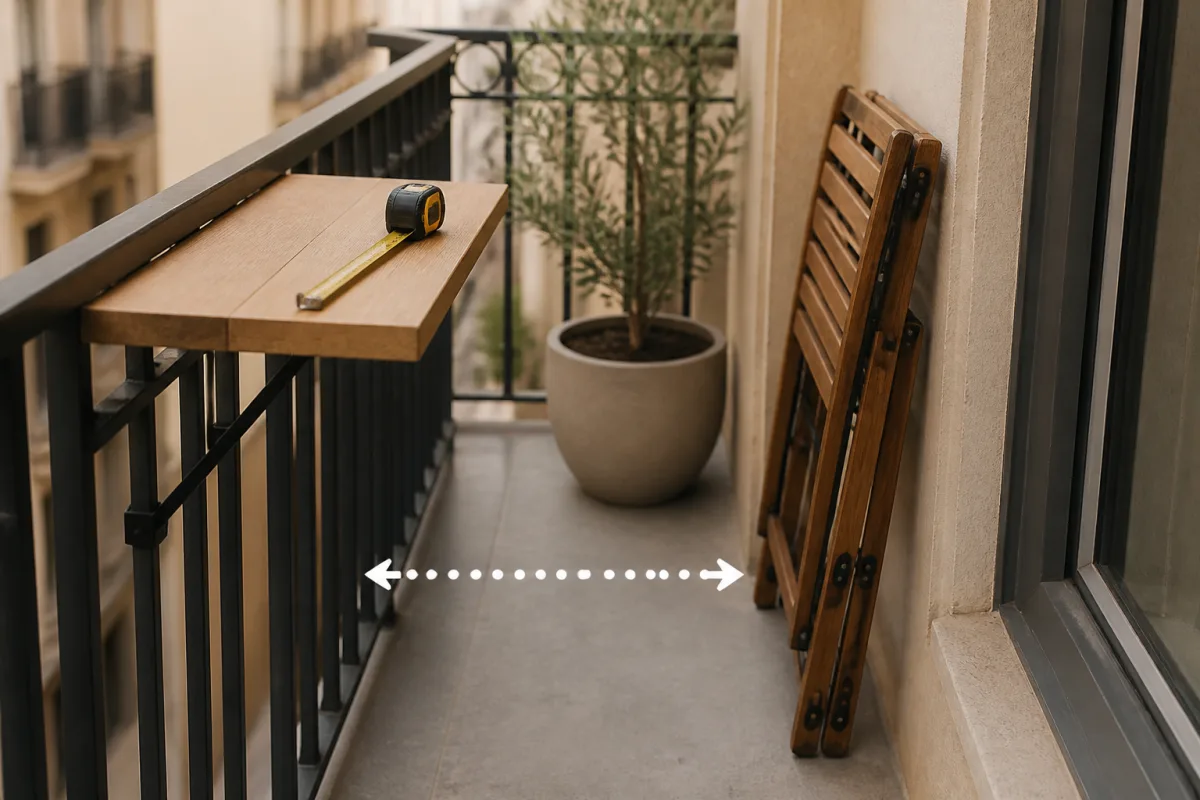 Tablette de rambarde 60×40 cm, chaise pliante rangée au mur et mètre montrant 60 cm de dégagement