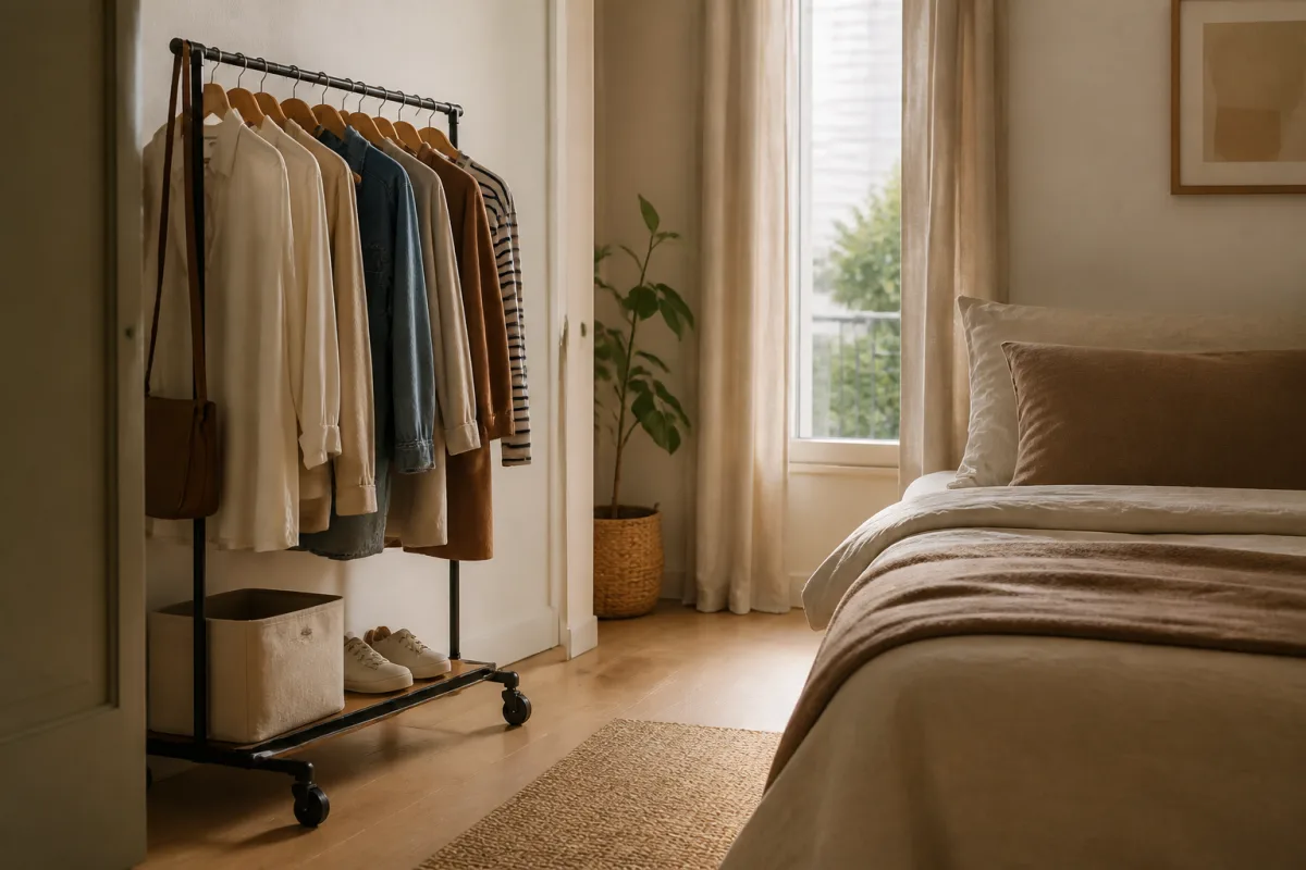 Portant à roulettes dans une chambre, espace de circulation visible entre le lit et le meuble