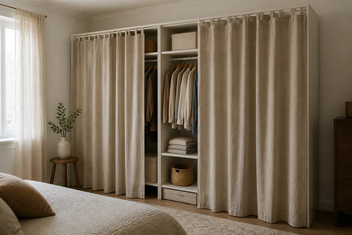 Modules d’armoire peu profonds fermés par un rideau textile, finition en rangée