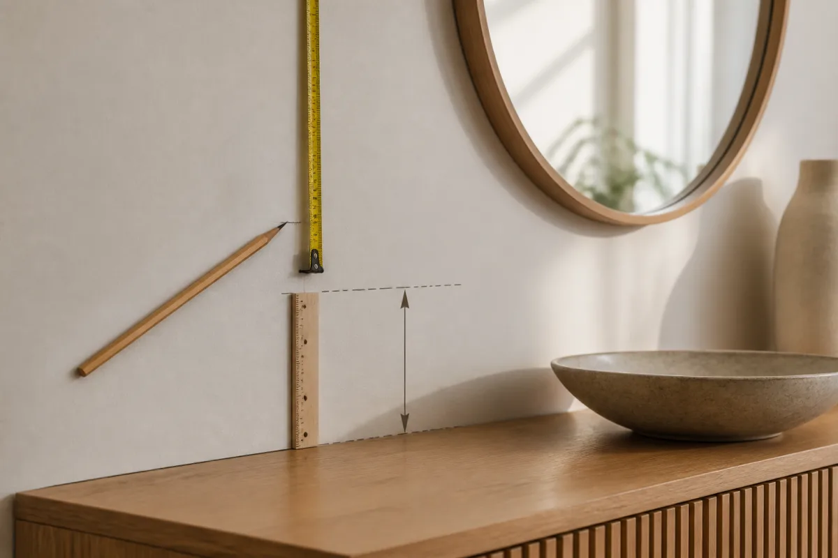 Mètre ruban indiquant 150 cm et repère à 10-20 cm au‑dessus d’un plateau de buffet