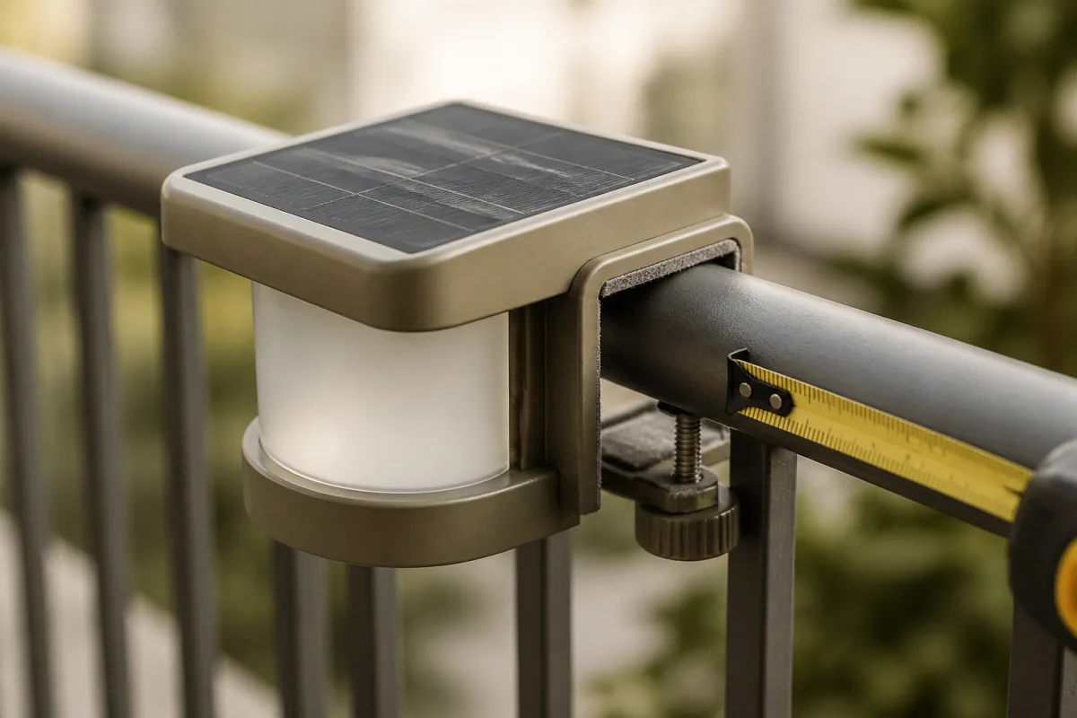 Pince de lampe solaire fixée sur un garde‑corps rond avec patin feutré et ruban à mesurer