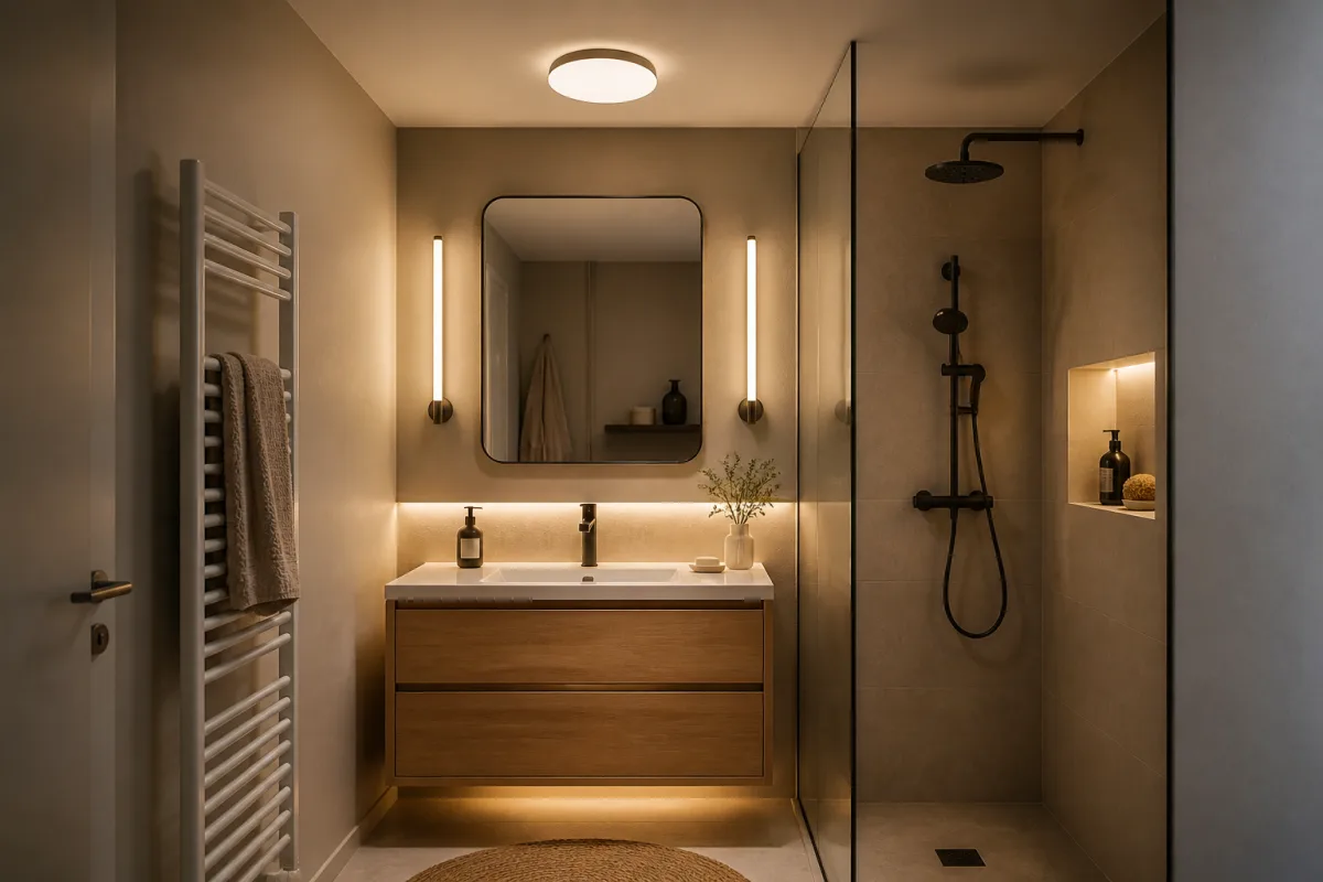 Vue en coupe stylisée d’un éclairage de salle de bain indiquant plafonnier, appliques miroir et ruban LED avec zones IP