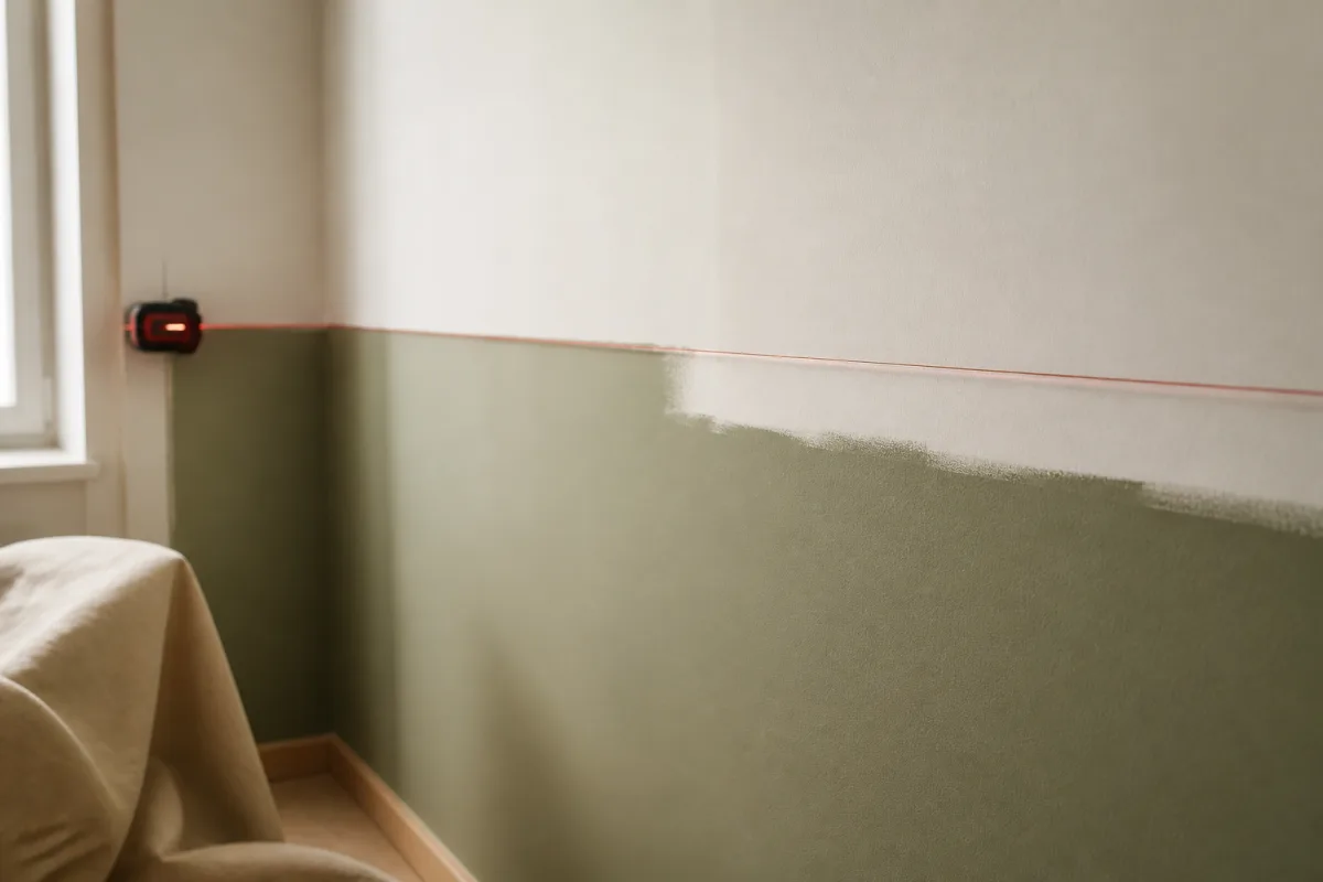 Détail d’un mur avec cordeau et repère à 90-110 cm pour soubassement peint