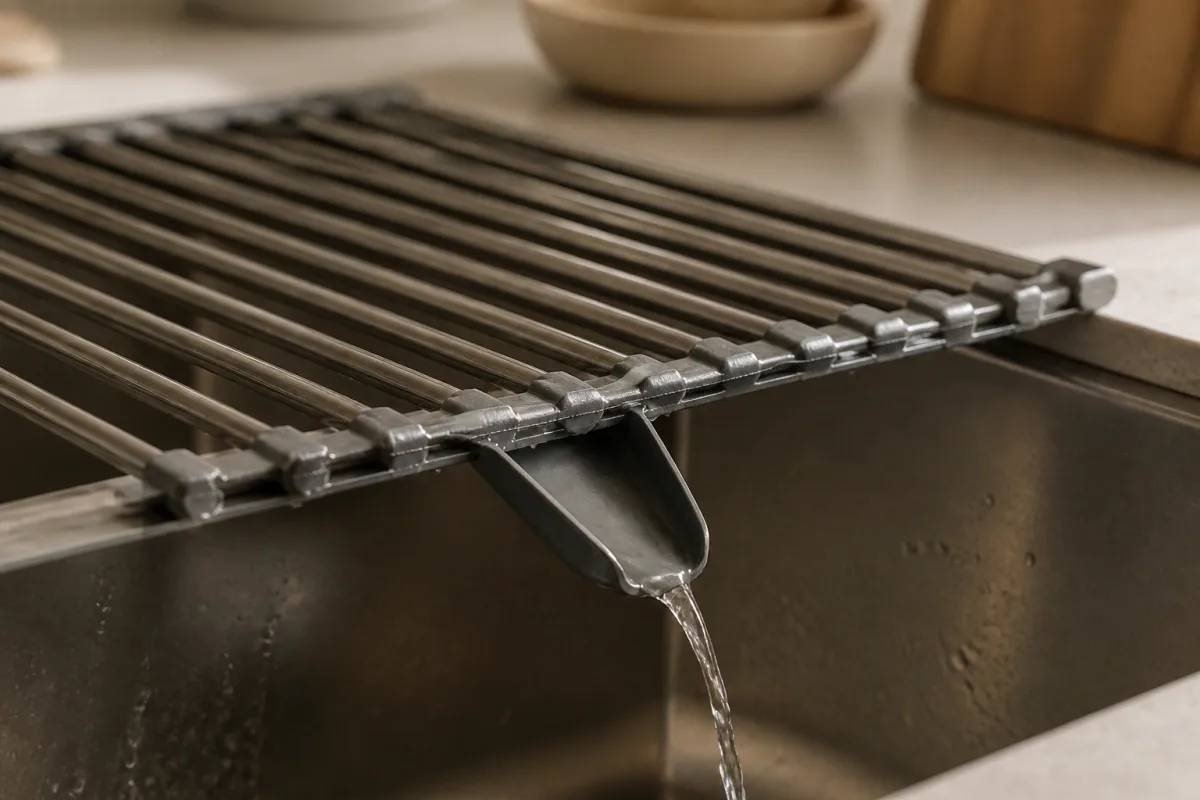 Détail d’une grille extensible montrant le bec d’évacuation orienté vers la cuve
