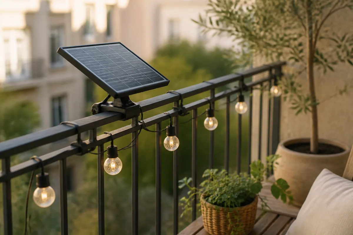 Panneau solaire clipé sur garde‑corps et guirlande accrochée par crochets le long de la balustrade