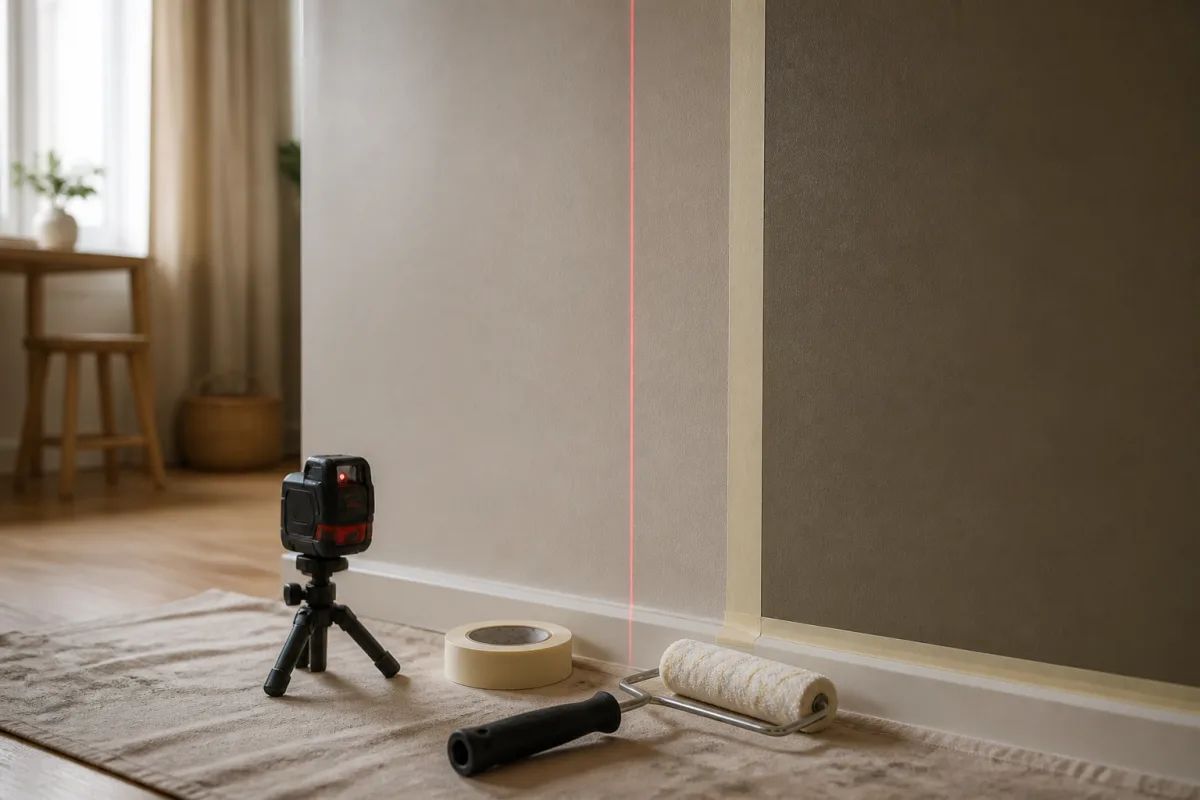 Laser ligne sur mur et ruban de masquage posé pour peindre une bande verticale nette