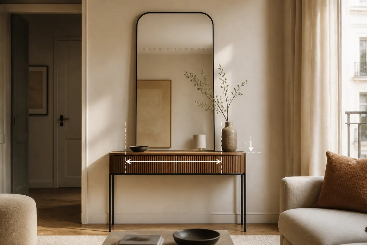 Miroir posé au-dessus d’une console avec indications de dimensions relatives