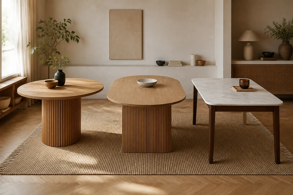 Trois tables montrant une ronde Ø100, une ovale 160x90 et une rectangulaire 120x80 avec étiquettes