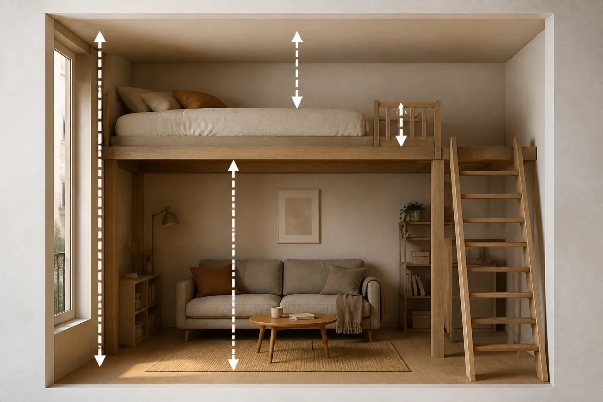 Schéma en coupe photo-like montrant hauteur plafond, hauteur couchage, épaisseur matelas et marge d’assise