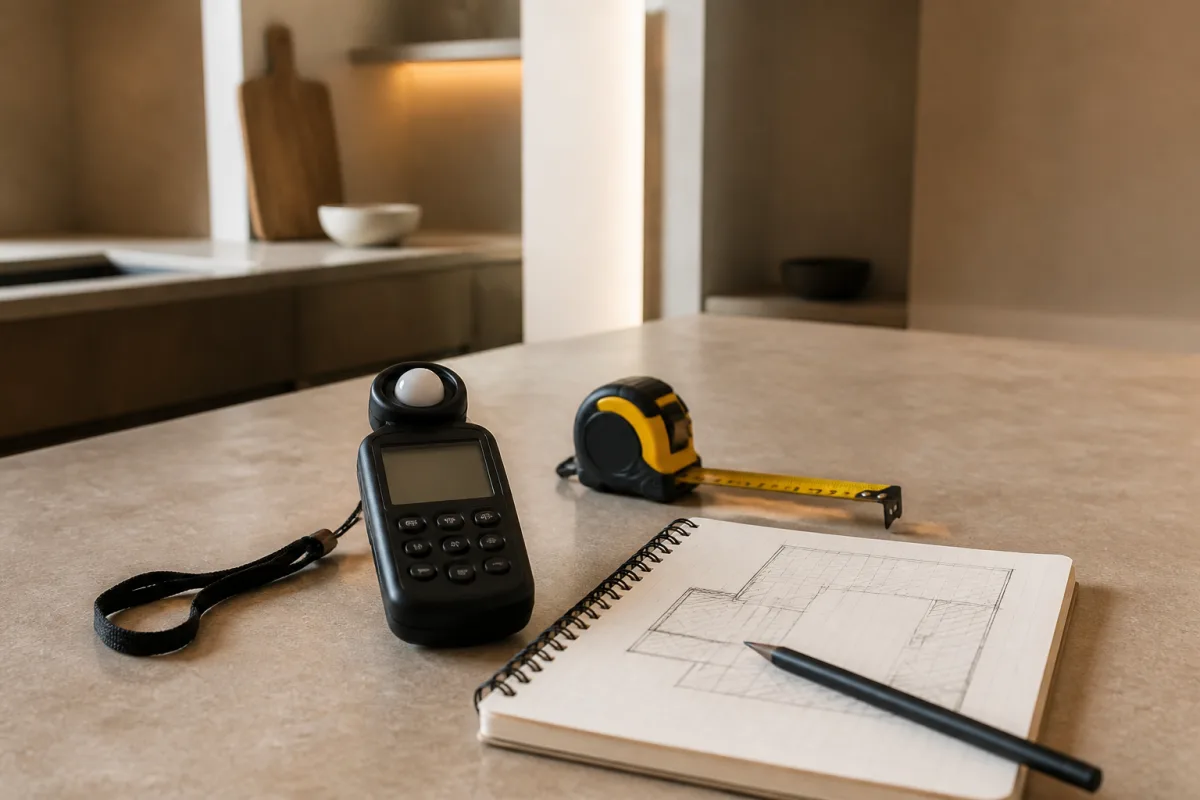 Luxmètre sur plan de travail à côté d’un mètre ruban et d’un carnet de notes