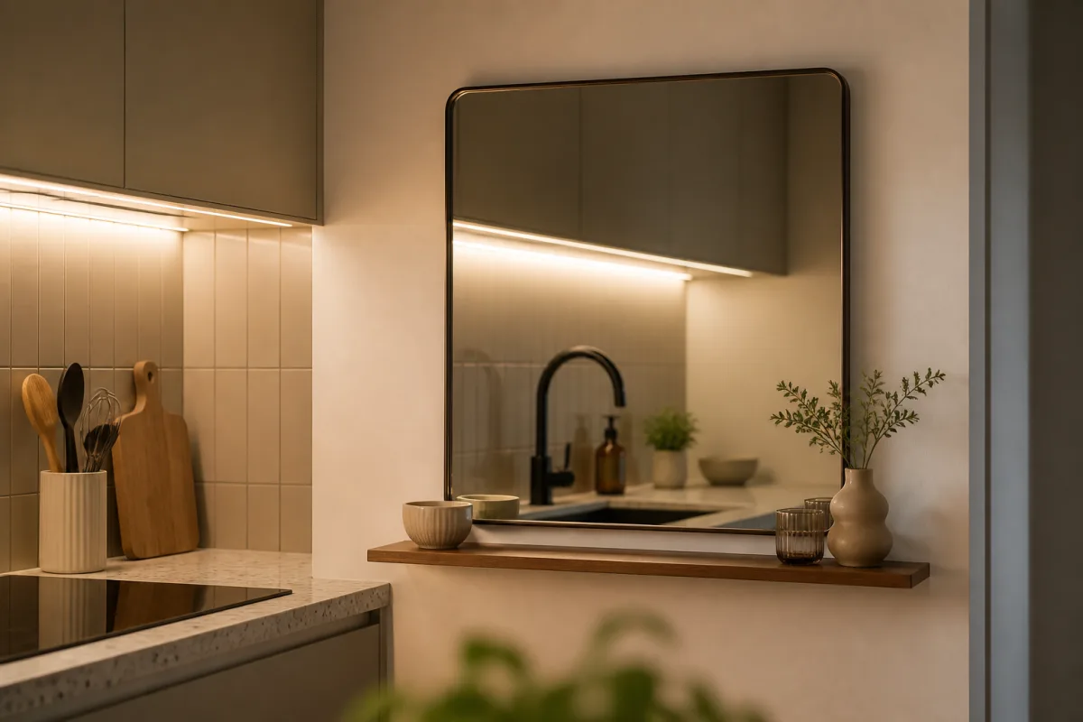 Miroir vertical au-dessus d’une tablette reflétant une réglette sous-meuble allumée