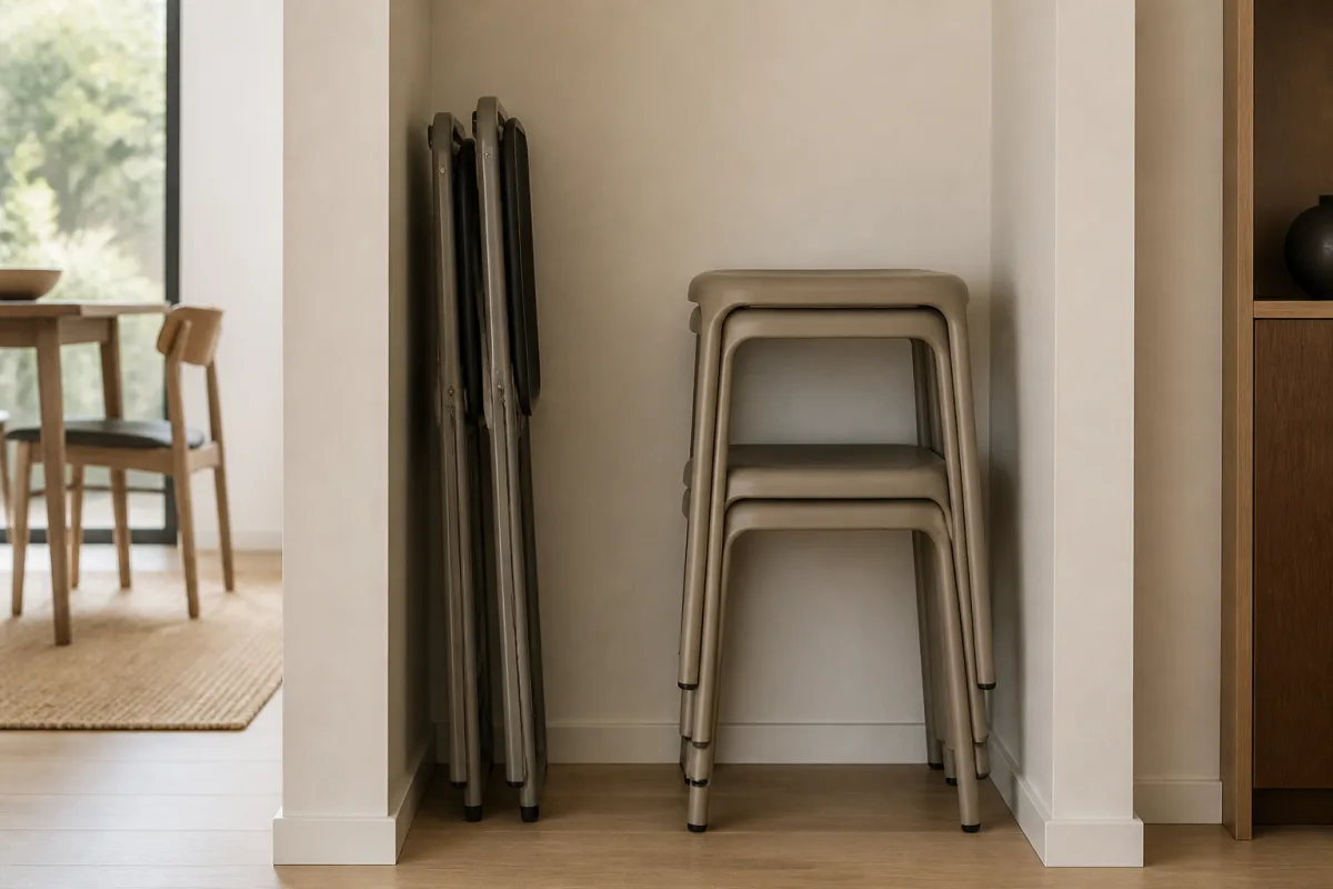 Diagramme comparant rangement en tranche d’une chaise pliante et colonne de tabourets empilés avec dimensions