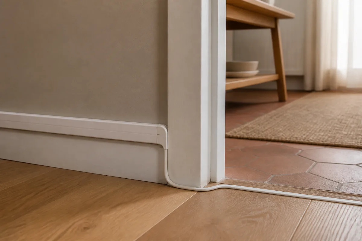 Goulotte adhésive le long d’une plinthe et passe‑câble plat au sol