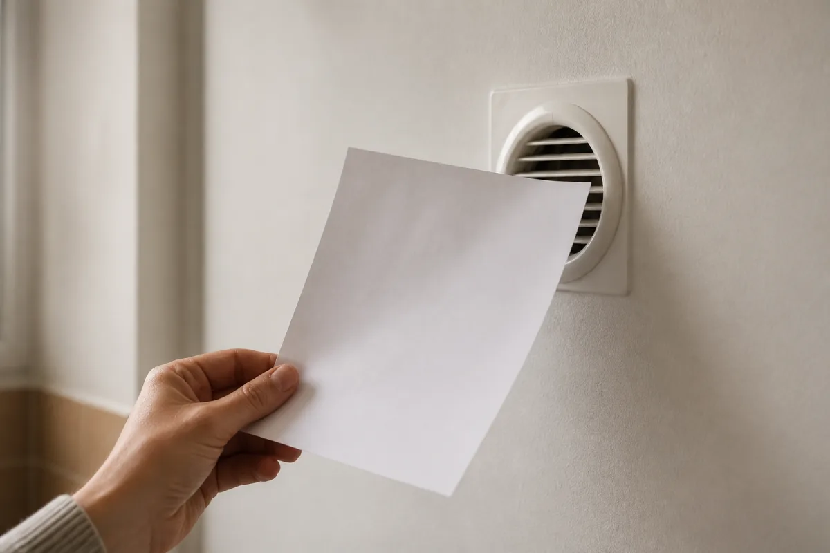 Test à la feuille devant une bouche de VMC pour vérifier l’aération
