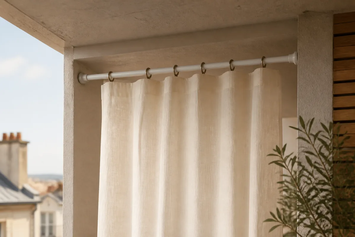 Tringle à pression sous plafond de balcon avec rideau extérieur accroché