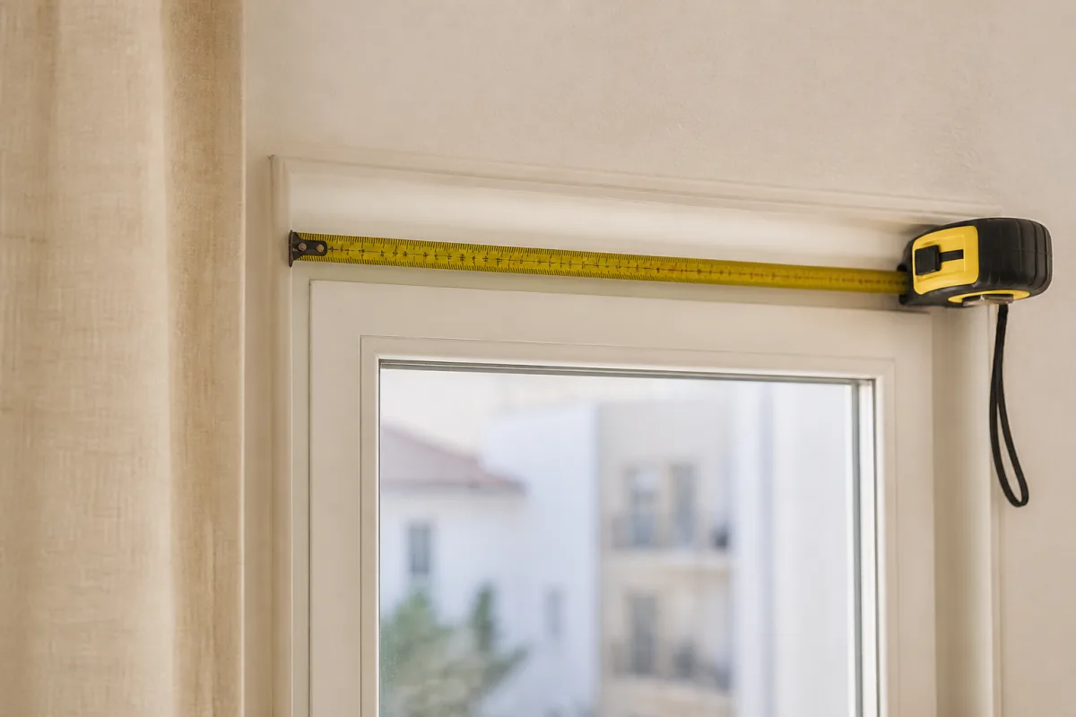 Mètre ruban mesurant la largeur d’une fenêtre avec annotation indiquant +15-25 cm de débord