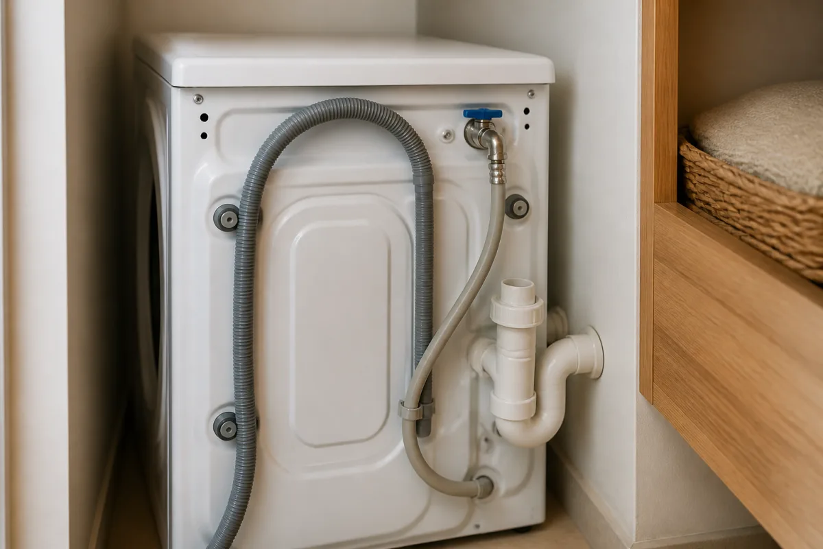 Arrière d’un lave-linge compact avec flexible d’évacuation et arrivée d’eau clairement visibles