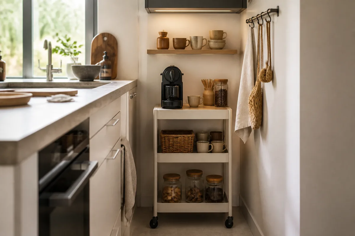 Meuble roulant compact de 40-60 cm avec étagères peu profondes et crochets sous meuble haut