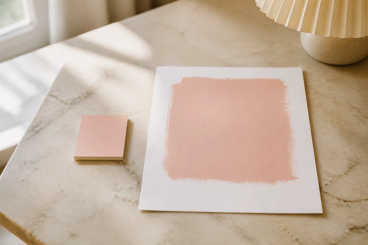Nuancier 10x10 cm posé à côté d’une feuille A4 sous lumière du jour et sous une ampoule chaude