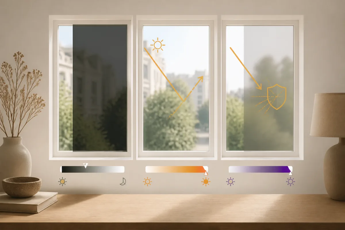Diagramme comparatif VLT TSER UV montrant effets sur lumière et chaleur